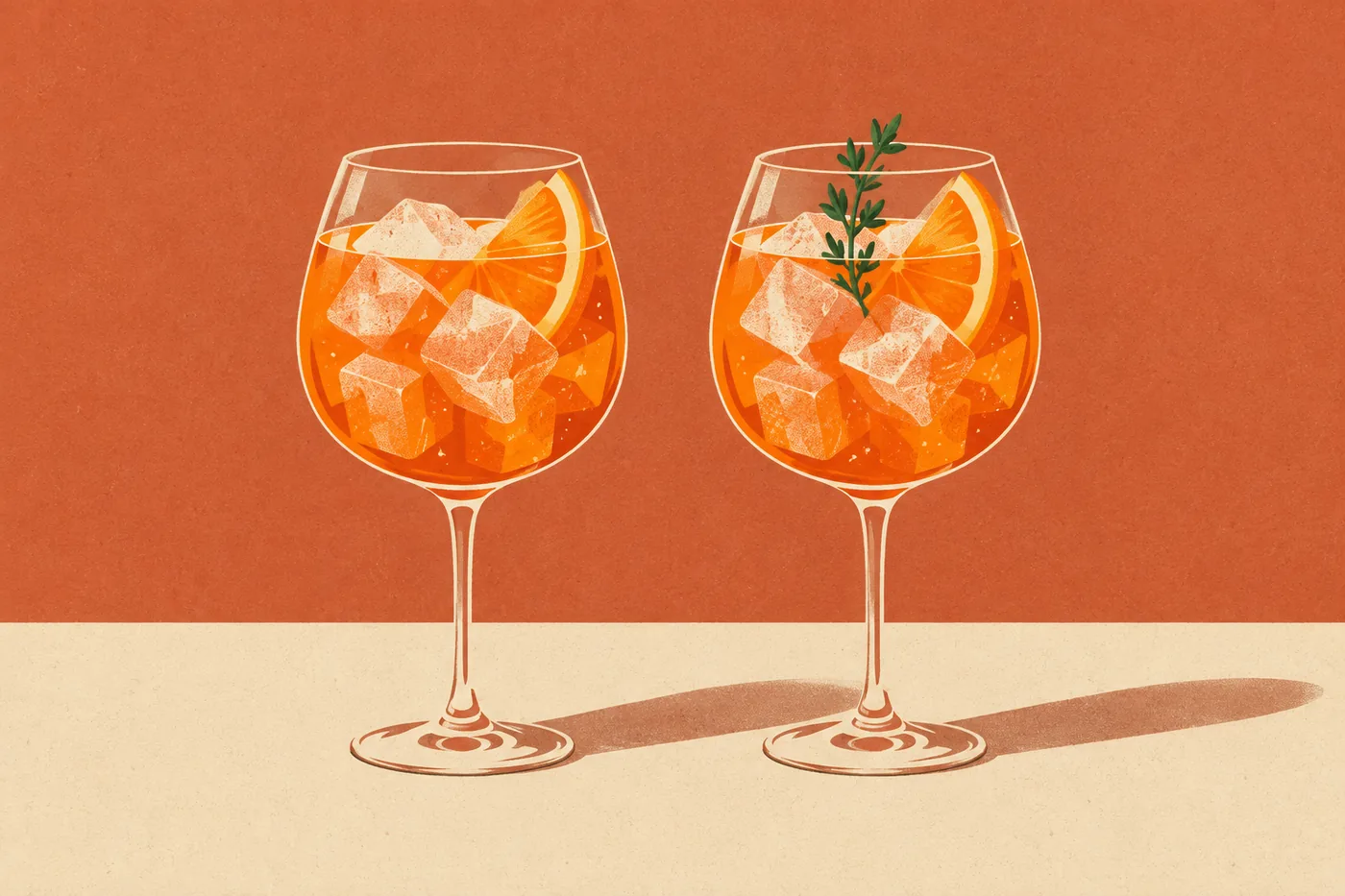 Zwei Varianten des alkoholfreien Aperol Spritz nebeneinander im Weinglas