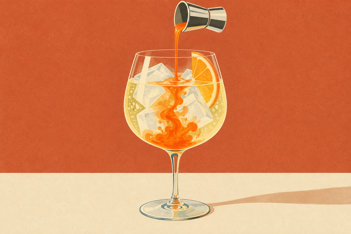Aperol in den Prosecco gießen, damit er von selbst nach unten sinkt Aperol in den Prosecco gießen, damit er von selbst nach unten sinkt