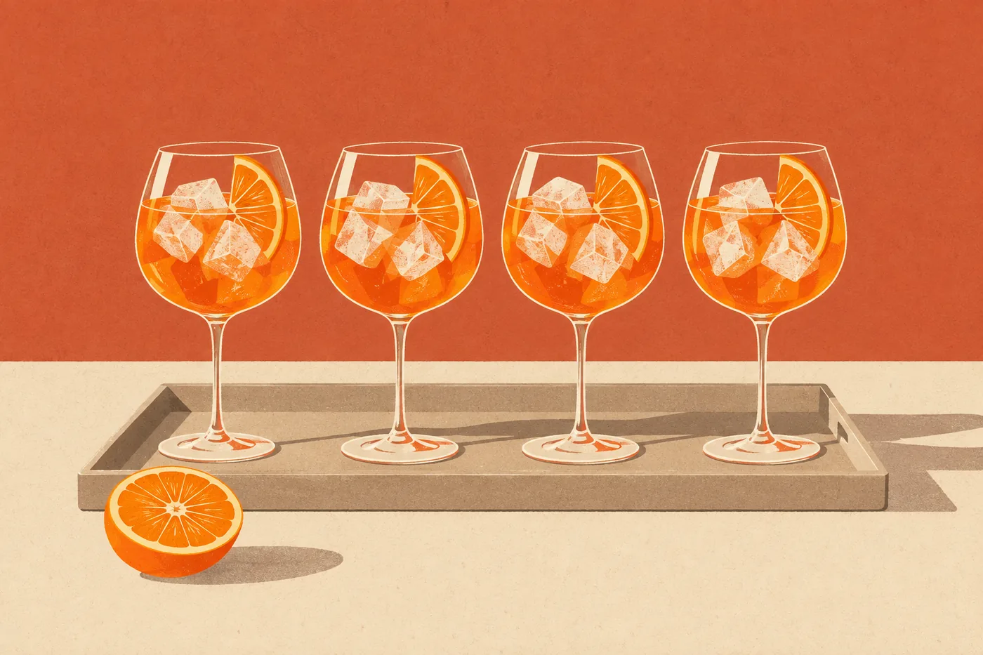Aperol Spritz für mehrere Gäste mit Orangenscheiben servieren Aperol Spritz für mehrere Gäste mit Orangenscheiben servieren