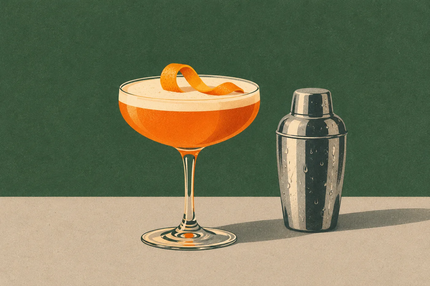Aperol Sour in der Cocktailschale mit Schaumkrone und Orangenzeste, daneben ein Shaker Aperol Sour in der Cocktailschale mit Schaumkrone und Orangenzeste, daneben ein Shaker