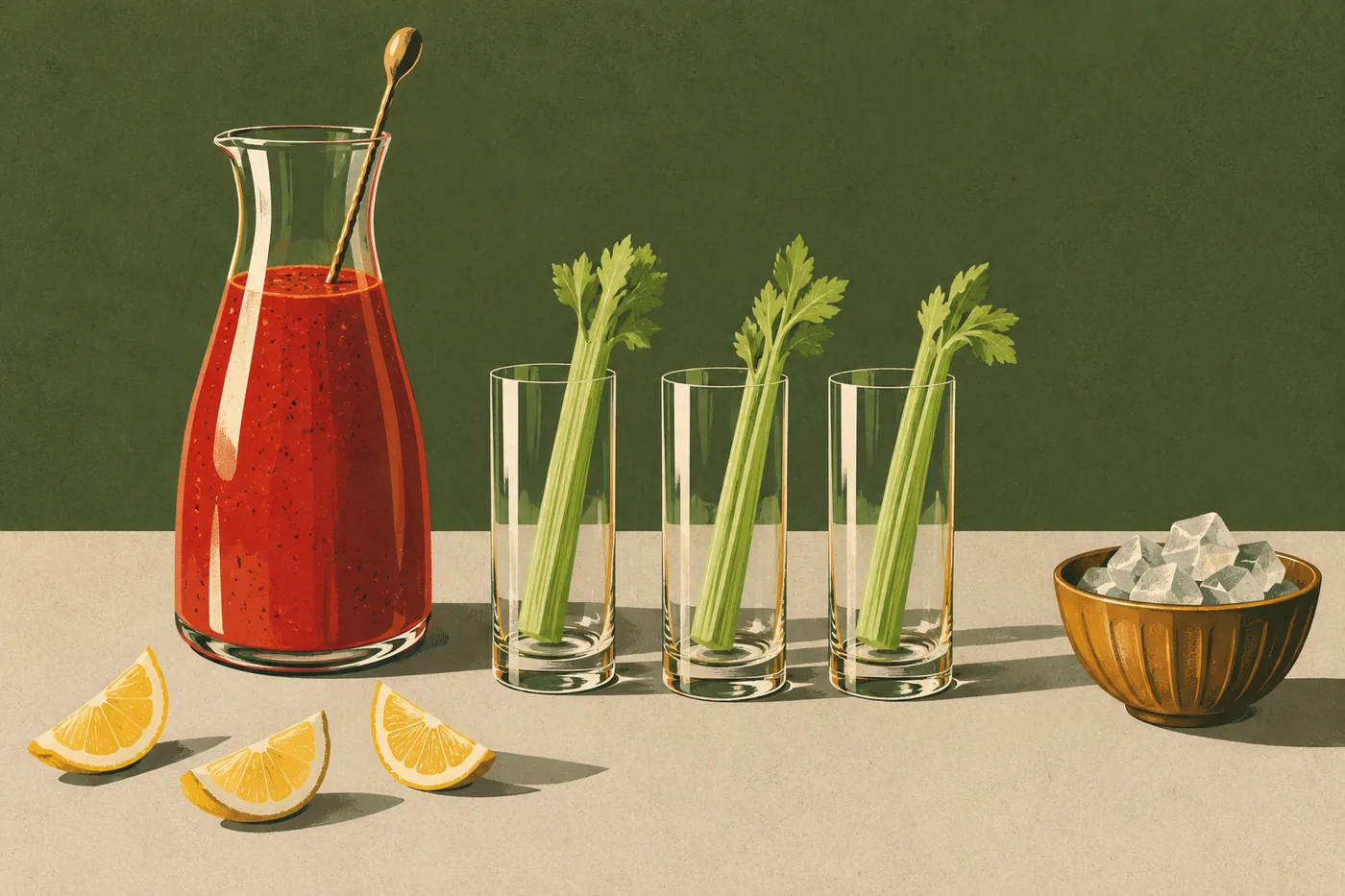 Karaffe mit Bloody Mary und drei vorbereitete Gläser mit Selleriestangen, das Eis steht daneben Karaffe mit Bloody Mary und drei vorbereitete Gläser mit Selleriestangen, das Eis steht daneben