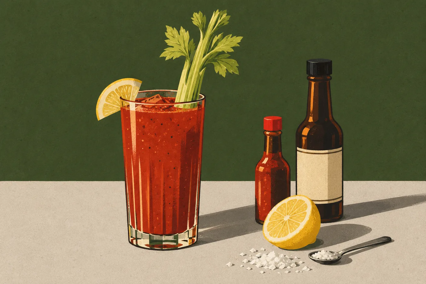 Bloody Mary im Glas mit Selleriestange, daneben Tabasco, Worcestershiresauce, Zitrone und Salz Bloody Mary im Glas mit Selleriestange, daneben Tabasco, Worcestershiresauce, Zitrone und Salz