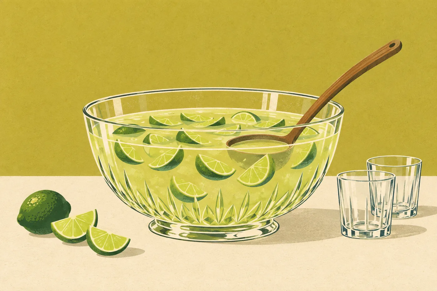 Caipirinha als Bowle für die Runde mit Limettenspalten und mehreren Gläsern