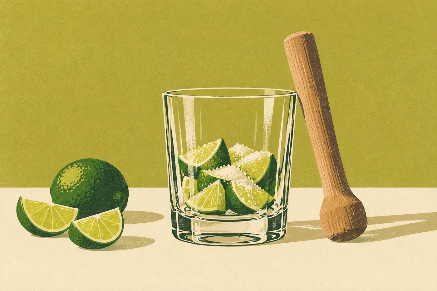 Caipirinha zubereiten: Limettenspalten und Rohrzucker im Tumbler, der Holzstößel liegt daneben