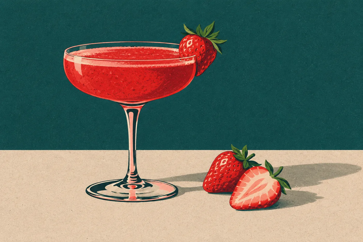 Erdbeer-Daiquiri in der Cocktailschale mit Erdbeere am Glasrand, zwei Erdbeeren daneben Erdbeer-Daiquiri in der Cocktailschale mit Erdbeere am Glasrand, zwei Erdbeeren daneben