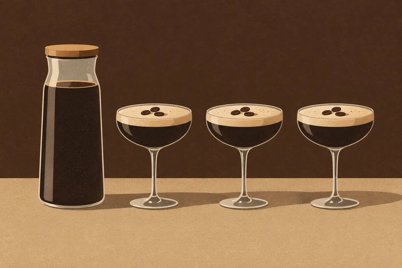 Alkoholfreier Espresso Martini für die Runde: Karaffe mit kaltem Kaffee und drei fertige Gläser Alkoholfreier Espresso Martini für die Runde: Karaffe mit kaltem Kaffee und drei fertige Gläser