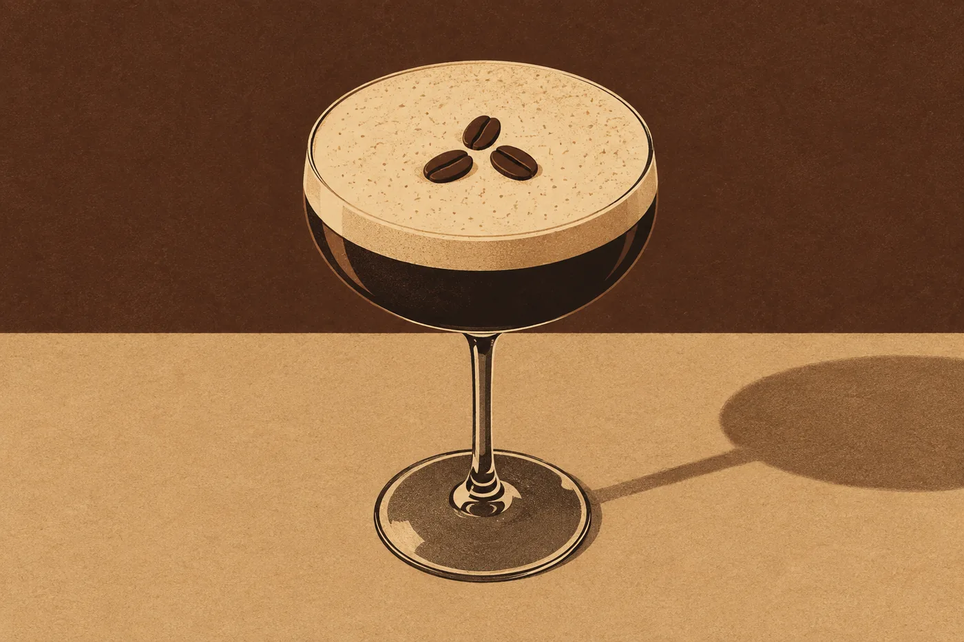 Schaumkrone auf dem Espresso Martini mit drei Kaffeebohnen in der Cocktailschale Schaumkrone auf dem Espresso Martini mit drei Kaffeebohnen in der Cocktailschale