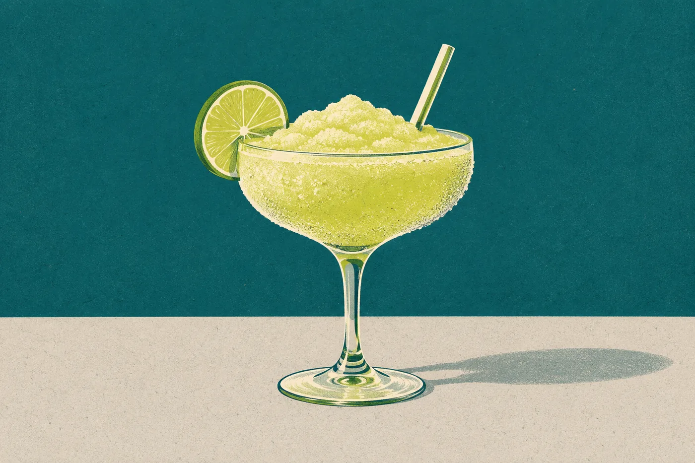 Frozen Daiquiri in der Cocktailschale, gefrorene hellgrüne Masse mit Limettenscheibe und Halm Frozen Daiquiri in der Cocktailschale, gefrorene hellgrüne Masse mit Limettenscheibe und Halm