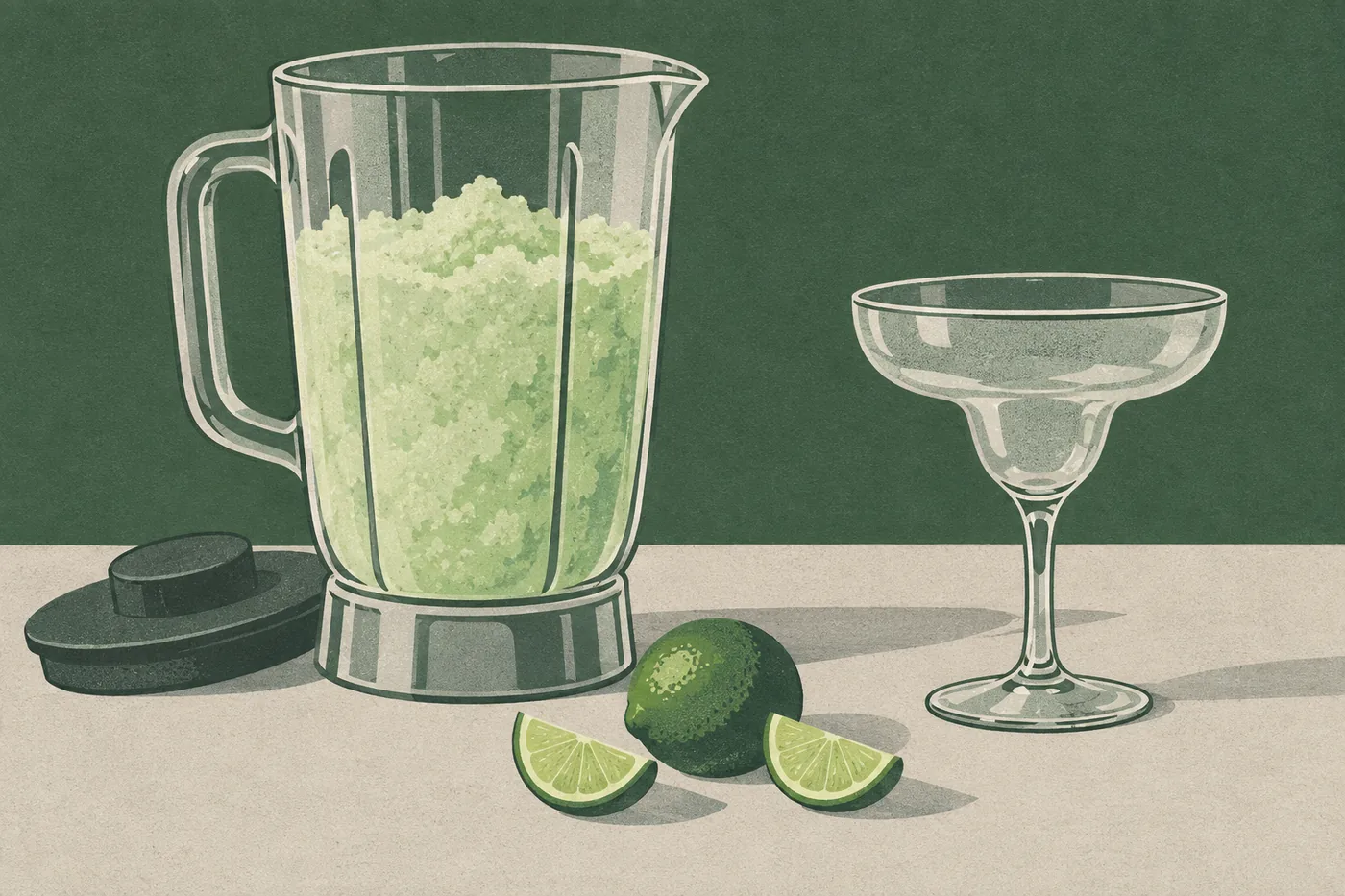 Frozen Margarita im Standmixer: Krug mit grüner Slush-Masse, daneben ein leeres Margaritaglas