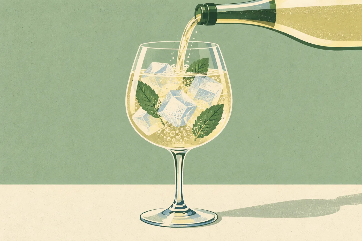 Prosecco für den Hugo ins Weinglas mit Eis und Minze gießen