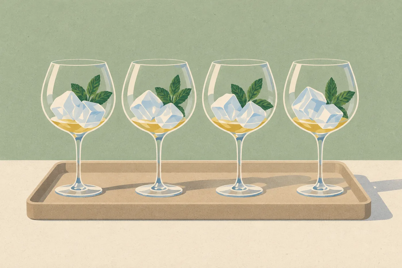 Gläser für mehrere Hugo vorbereiten: Eiswürfel, Minze und Sirup im Weinglas