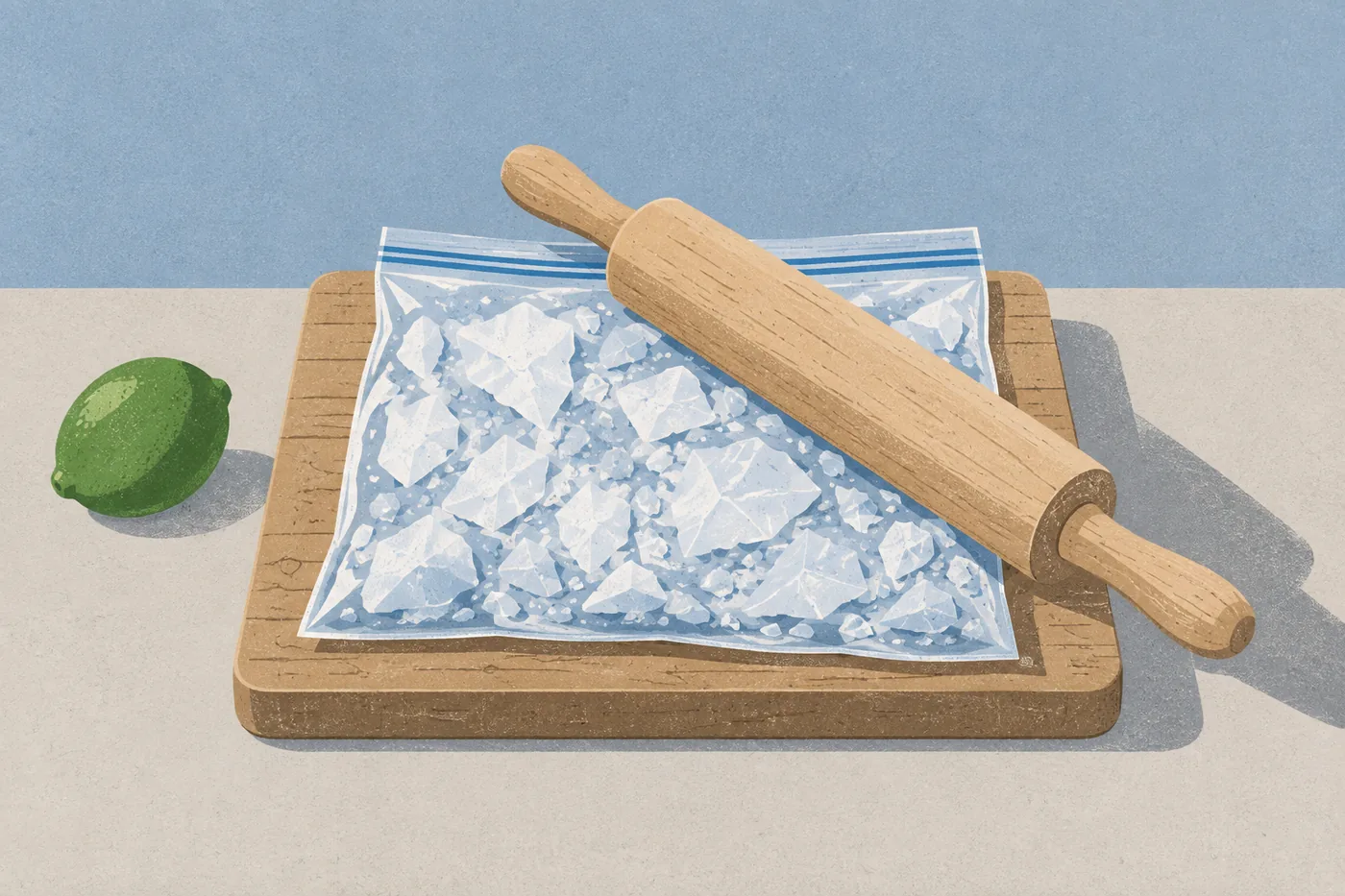 Crushed Ice für den Ipanema im Gefrierbeutel mit dem Nudelholz zerkleinern