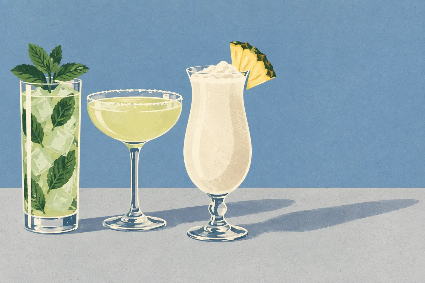 Klassische Cocktail Rezepte: Mojito, Margarita und Piña Colada nebeneinander im Glas