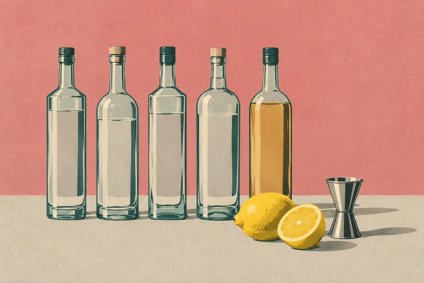 Die fünf Flaschen für einen Long Island Ice Tea, daneben Zitronen und ein Messbecher Die fünf Flaschen für einen Long Island Ice Tea, daneben Zitronen und ein Messbecher