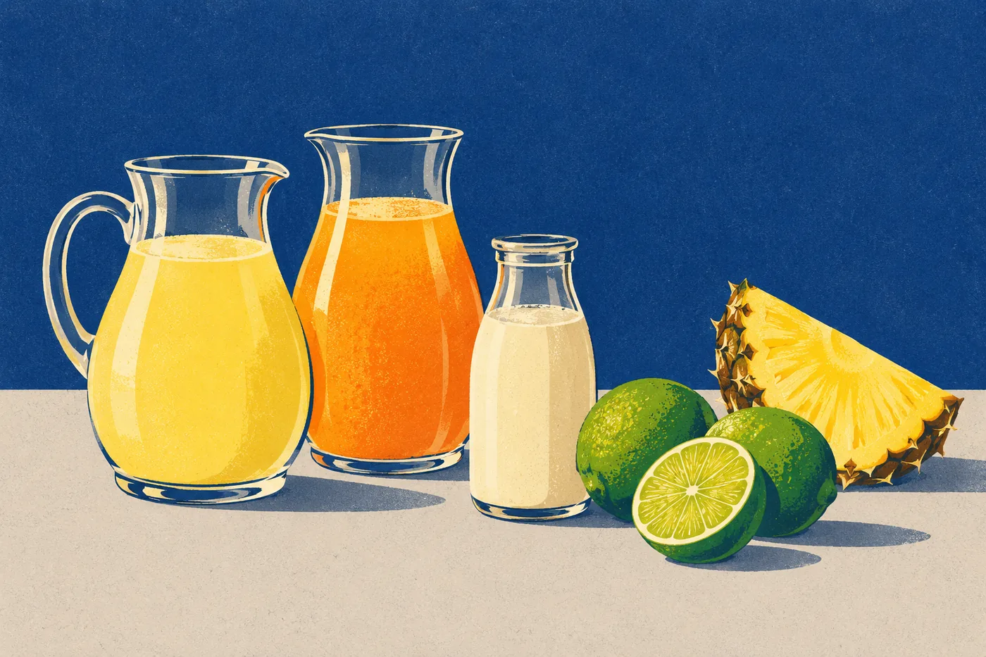 Zutaten für den alkoholfreien Mai Tai: Krüge mit Ananas- und Orangensaft, Orgeat-Sirup, Limetten und eine Ananasspalte Zutaten für den alkoholfreien Mai Tai: Krüge mit Ananas- und Orangensaft, Orgeat-Sirup, Limetten und eine Ananasspalte