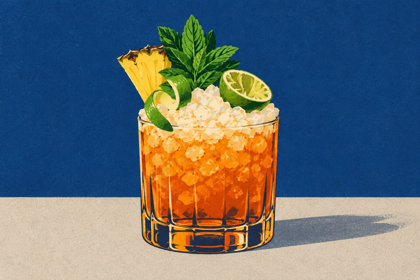 Mai Tai im Tumbler auf Crushed Ice, garniert mit Ananasspalte, Minze und Limettenschale Mai Tai im Tumbler auf Crushed Ice, garniert mit Ananasspalte, Minze und Limettenschale