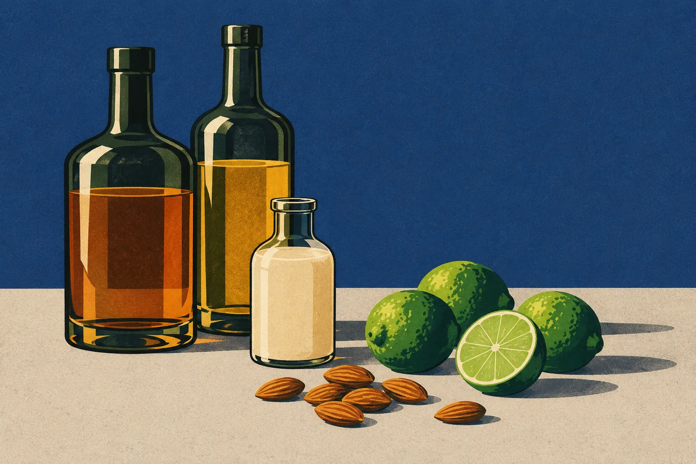 Zutaten für einen Mai Tai: zwei Rumflaschen, Orgeat-Sirup, Limetten und Mandeln Zutaten für einen Mai Tai: zwei Rumflaschen, Orgeat-Sirup, Limetten und Mandeln
