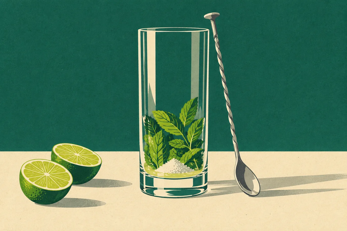 Minze für den Mojito im Glas, daneben halbierte Limetten und der Barlöffel Minze für den Mojito im Glas, daneben halbierte Limetten und der Barlöffel