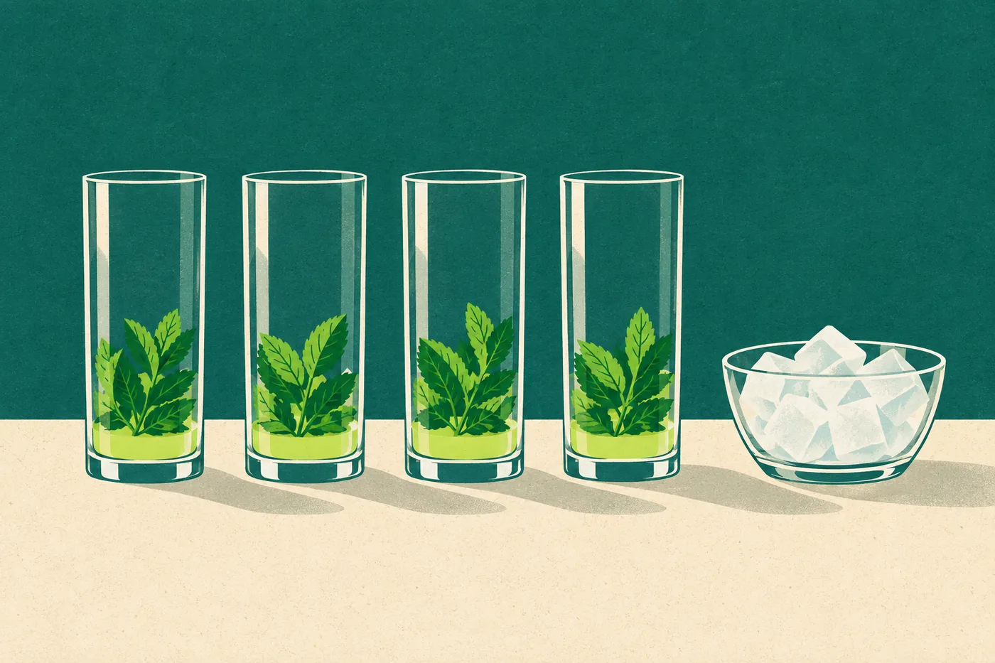 Mehrere Mojito-Gläser mit Minze vorbereitet, das Eis steht daneben Mehrere Mojito-Gläser mit Minze vorbereitet, das Eis steht daneben