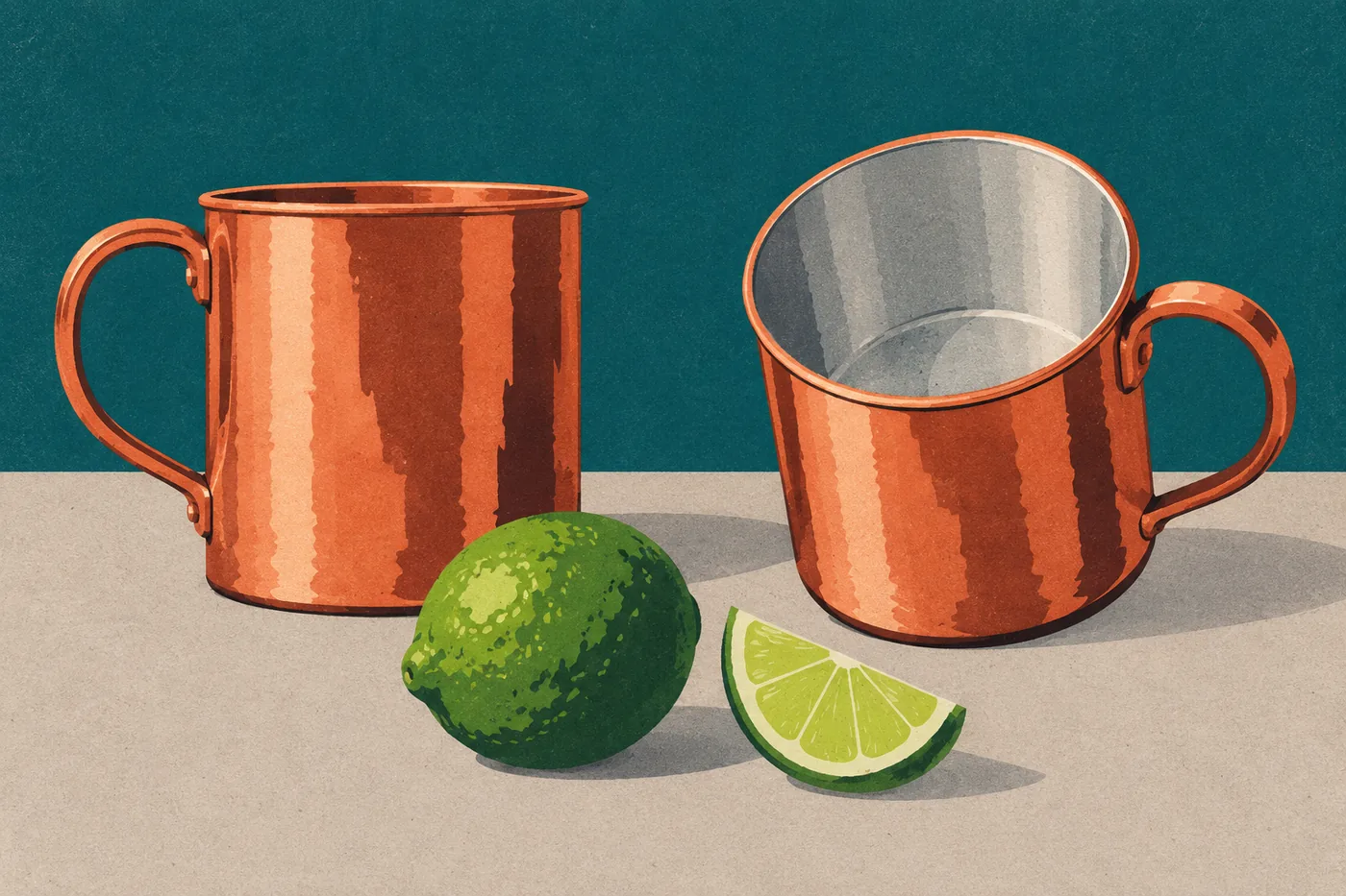 Zwei Kupferbecher für den Moscow Mule, einer mit sichtbarer heller Innenseite aus Edelstahl Zwei Kupferbecher für den Moscow Mule, einer mit sichtbarer heller Innenseite aus Edelstahl