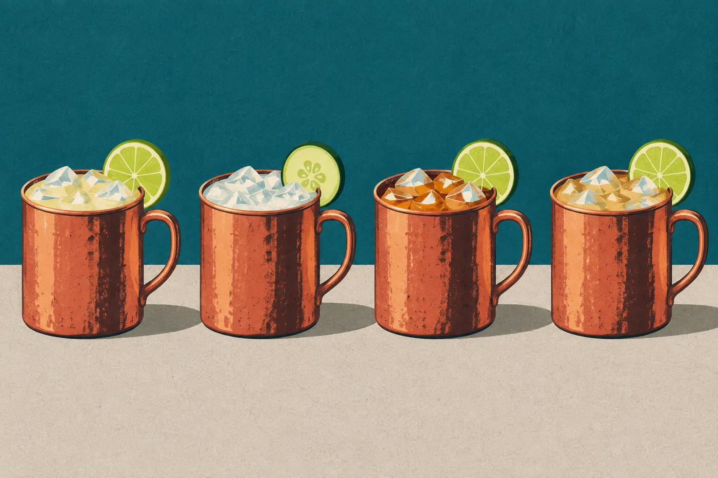 Die Mule-Familie neben dem Moscow Mule: vier Kupferbecher mit unterschiedlich getönten Füllungen Die Mule-Familie neben dem Moscow Mule: vier Kupferbecher mit unterschiedlich getönten Füllungen