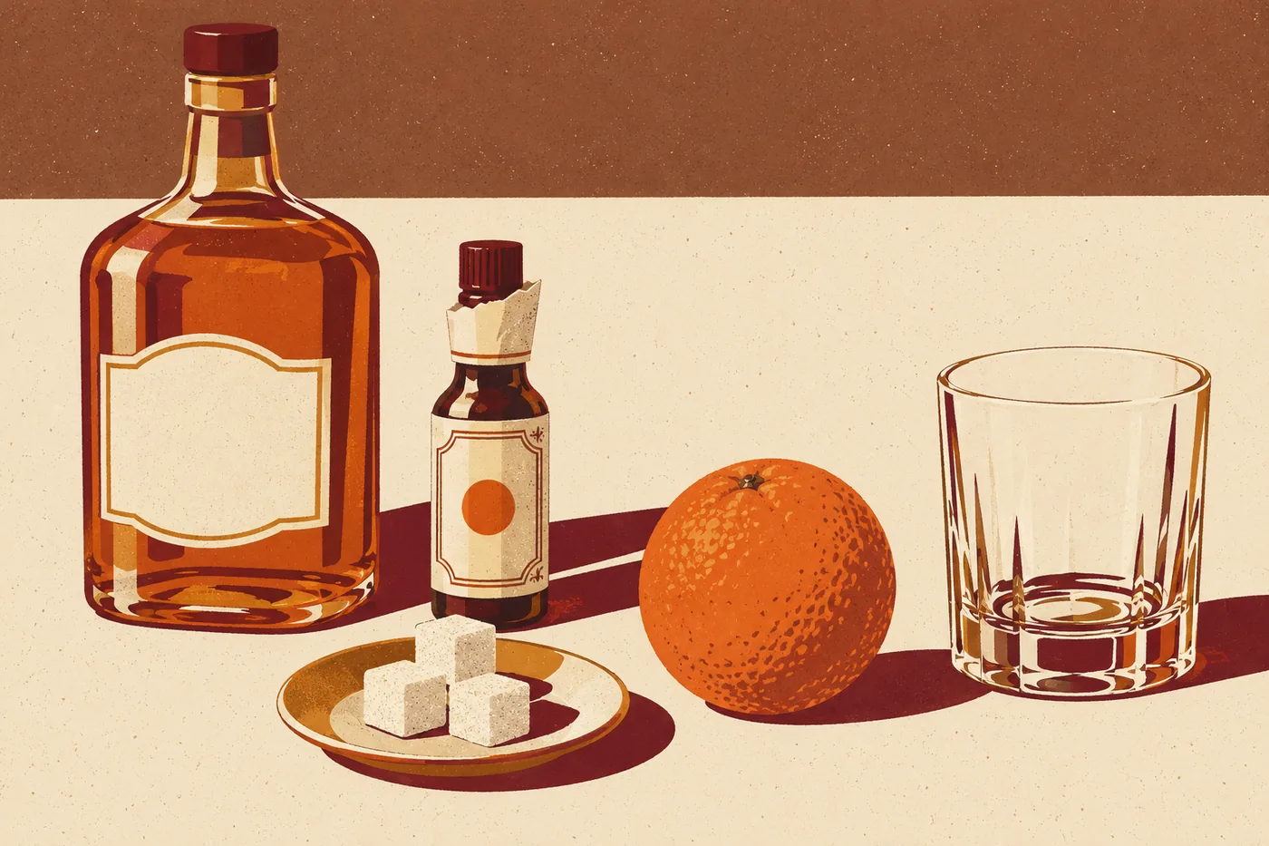 Zutaten für den Old Fashioned: eine Flasche Bourbon, eine kleine Flasche Angostura, Würfelzucker auf einem Teller und eine Orange neben einem leeren Tumbler