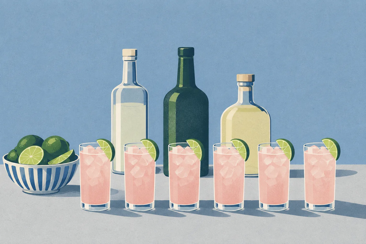 Cocktail Rezepte für die Party: sechs fertige Drinks mit Flaschen und einer Schale Limetten
