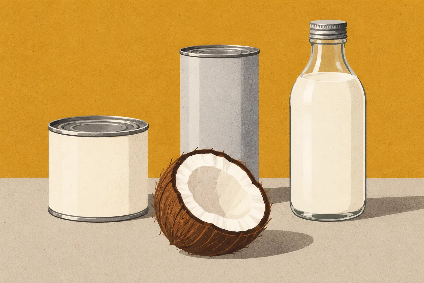 Kokosprodukte für die Piña Colada: Cream of Coconut, Kokosmilch und Kokossirup nebeneinander
