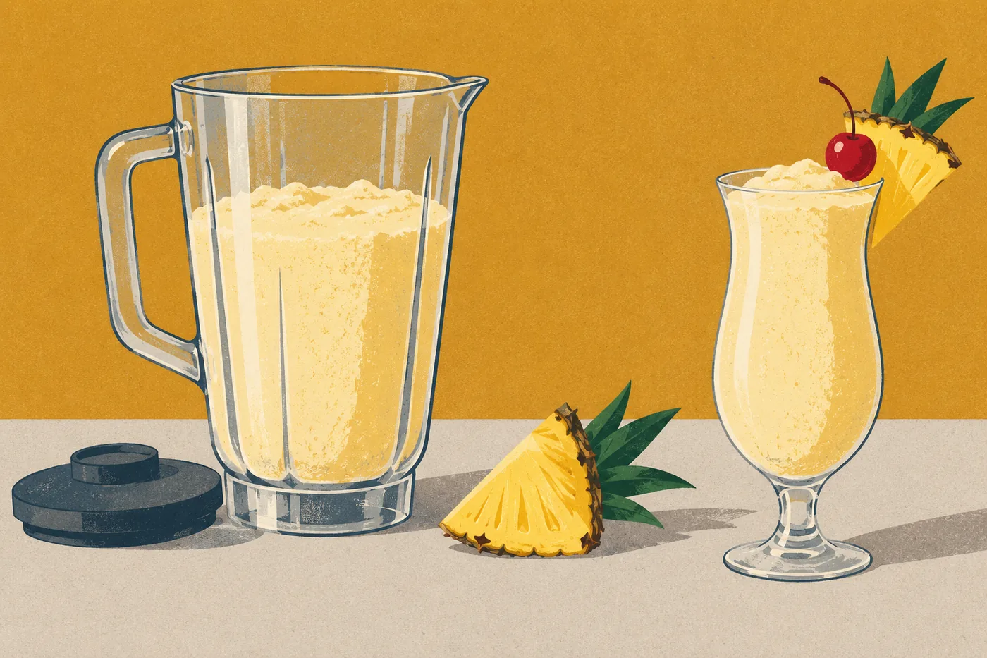 Piña Colada im Standmixer: Krug mit cremiger Masse, daneben das fertige Glas mit Ananasspalte