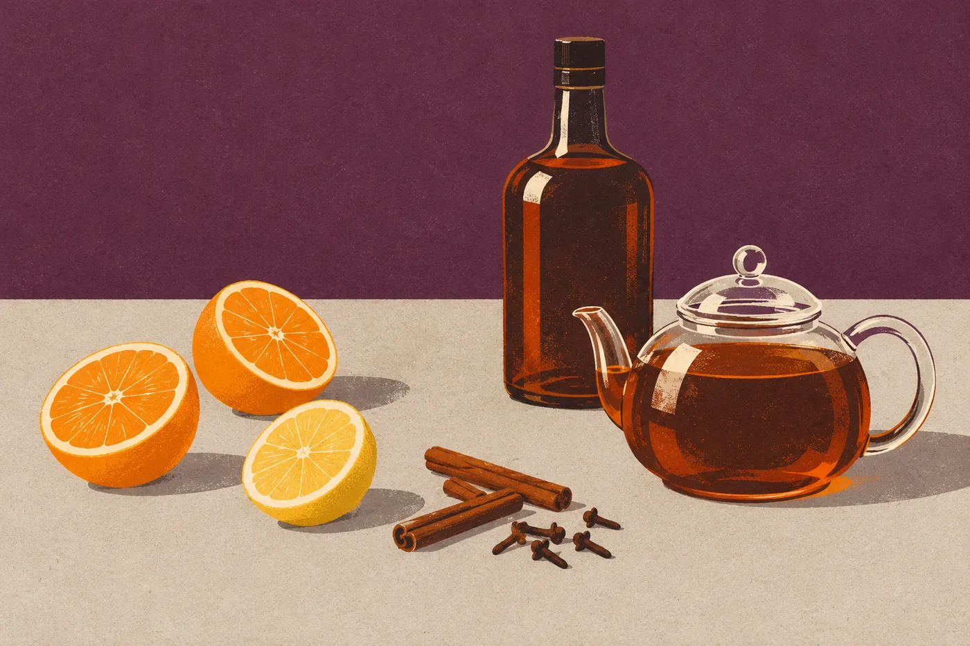 Zutaten für Punsch: Glaskanne mit schwarzem Tee, eine Flasche brauner Rum, Orangen- und Zitronenhälften, Zimtstangen und Nelken Zutaten für Punsch: Glaskanne mit schwarzem Tee, eine Flasche brauner Rum, Orangen- und Zitronenhälften, Zimtstangen und Nelken