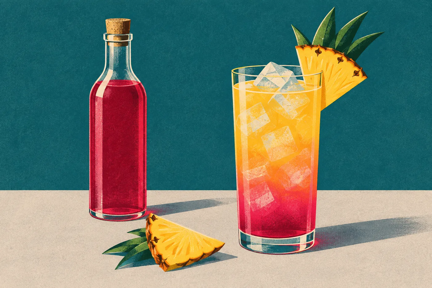 Safer Sex on the Beach mit Ananassaft und Grenadine im Glas, daneben eine Ananasspalte und eine Flasche Grenadine Safer Sex on the Beach mit Ananassaft und Grenadine im Glas, daneben eine Ananasspalte und eine Flasche Grenadine