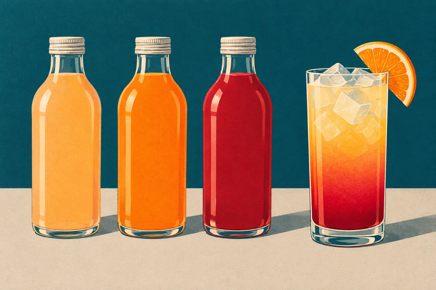 Sex on the Beach alkoholfrei im Glas mit dem Farbverlauf von Orange nach Rot, daneben drei Saftflaschen Sex on the Beach alkoholfrei im Glas mit dem Farbverlauf von Orange nach Rot, daneben drei Saftflaschen