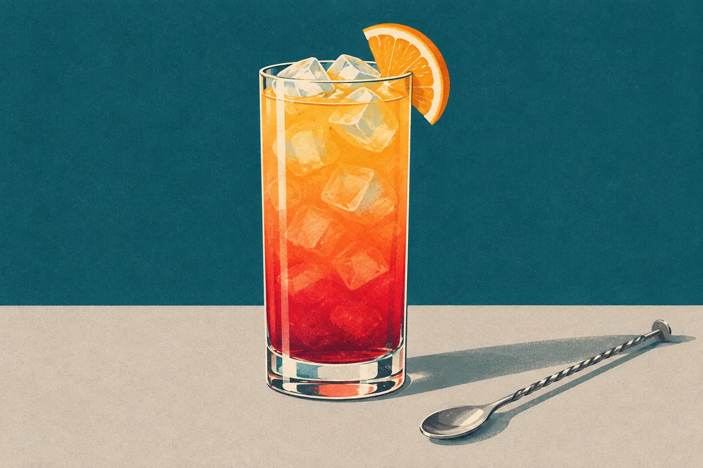 Sex on the Beach im Glas mit dem Farbverlauf von Orange nach Rot, daneben ein Barlöffel