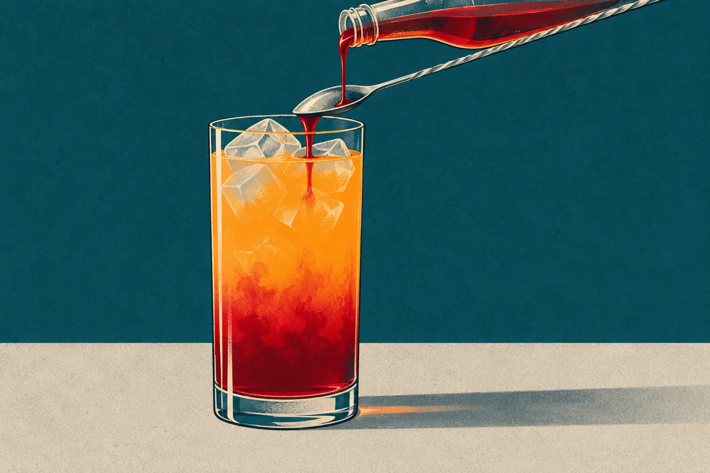 Tequila Sunrise: Grenadine läuft über einen Barlöffel ins Glas und sinkt durch den Orangensaft nach unten