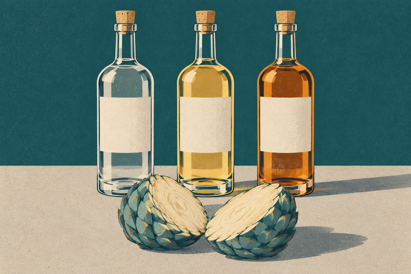 Drei Tequila-Flaschen für den Tequila Sunrise: heller Blanco, goldener Reposado und ein dunklerer Añejo