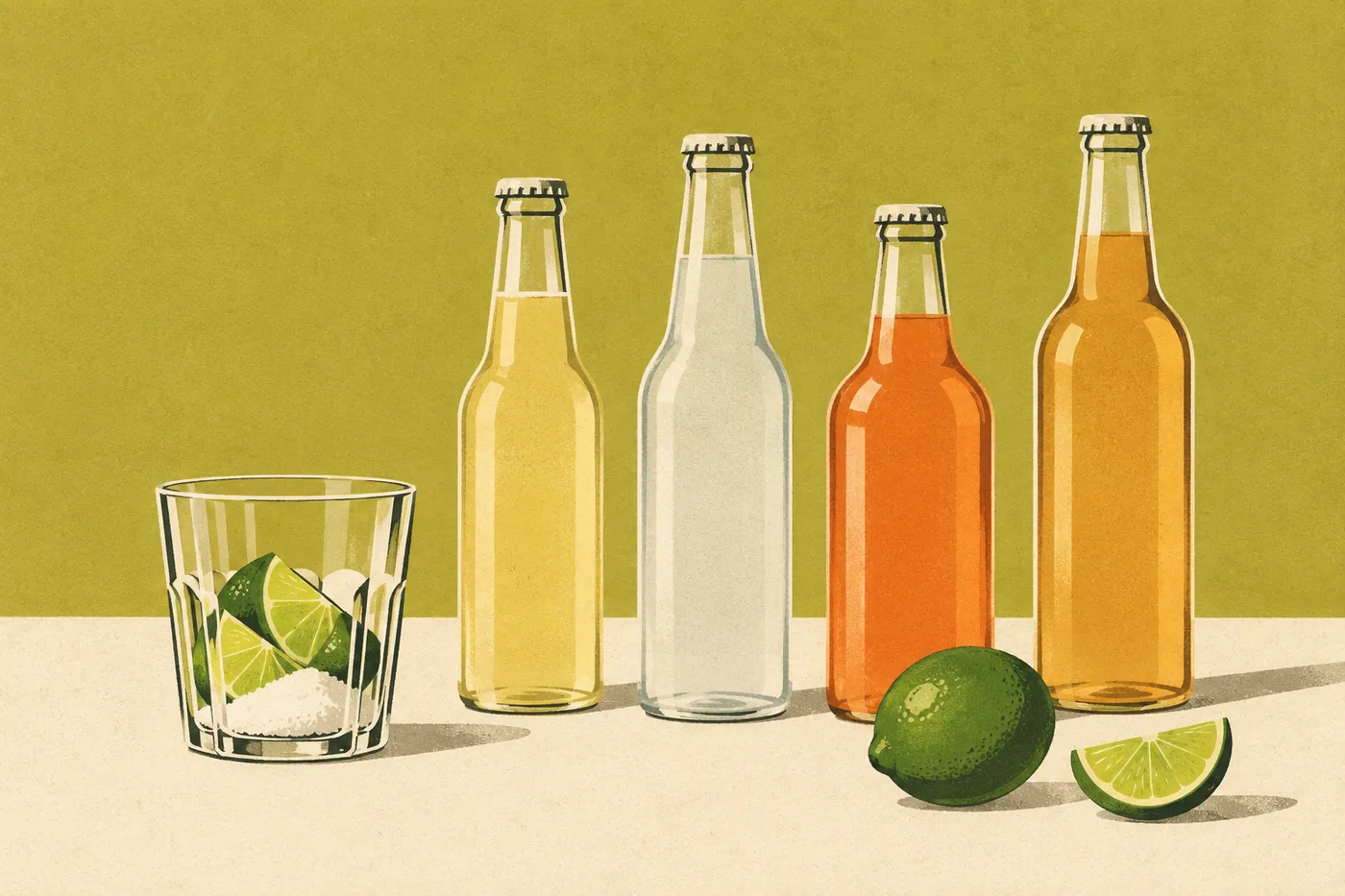 Alternativen für die alkoholfreie Caipirinha: Tumbler mit Limette und Zucker, daneben vier Flaschen Alternativen für die alkoholfreie Caipirinha: Tumbler mit Limette und Zucker, daneben vier Flaschen