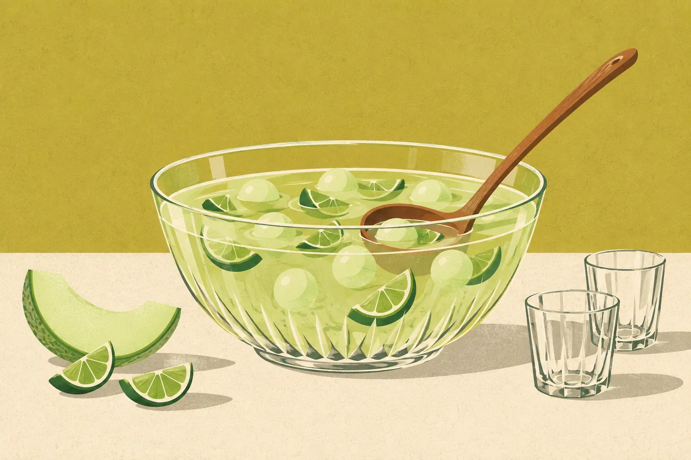 Alkoholfreie Caipirinha-Bowle mit Limettenspalten und Melonenkugeln, daneben zwei Gläser Alkoholfreie Caipirinha-Bowle mit Limettenspalten und Melonenkugeln, daneben zwei Gläser