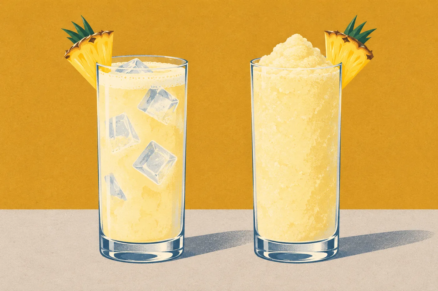 Piña Colada alkoholfrei auf zwei Arten: geschüttelt auf Eiswürfeln und gemixt als dicke Masse