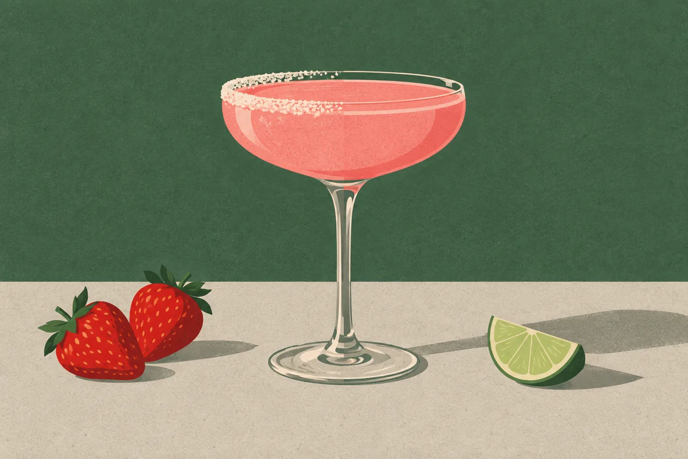 Alkoholfreie Erdbeer-Margarita in der Cocktailschale mit Zuckerrand und frischen Erdbeeren