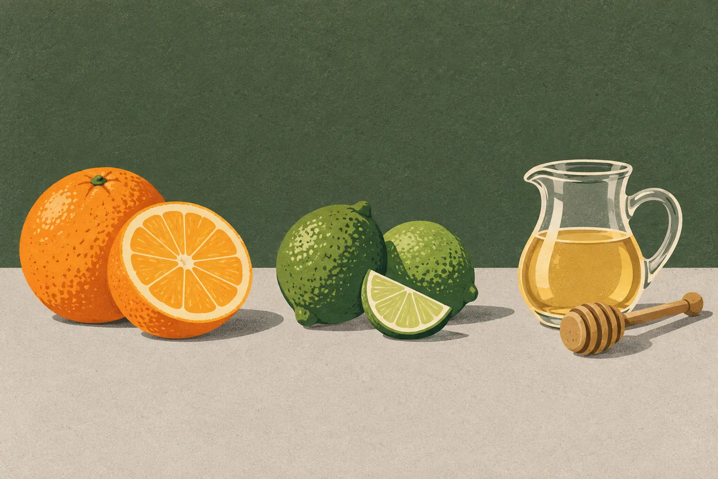 Zutaten für die alkoholfreie Margarita: Orange, Limetten und Agavendicksaft