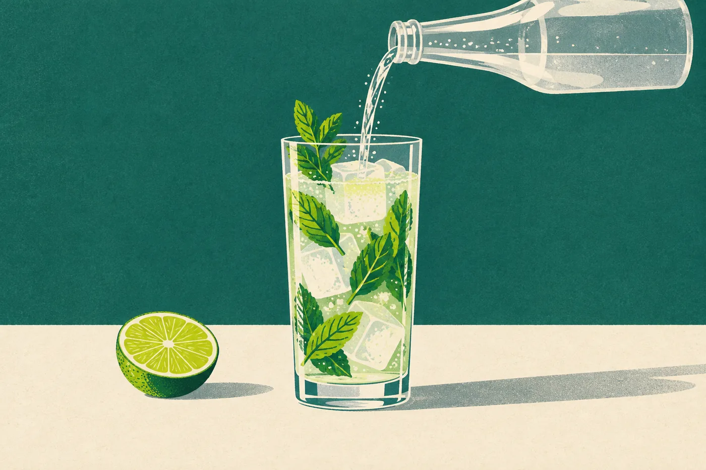 Mojito alkoholfrei mit Sodawasser auffüllen, Minze und Eis im Glas Mojito alkoholfrei mit Sodawasser auffüllen, Minze und Eis im Glas