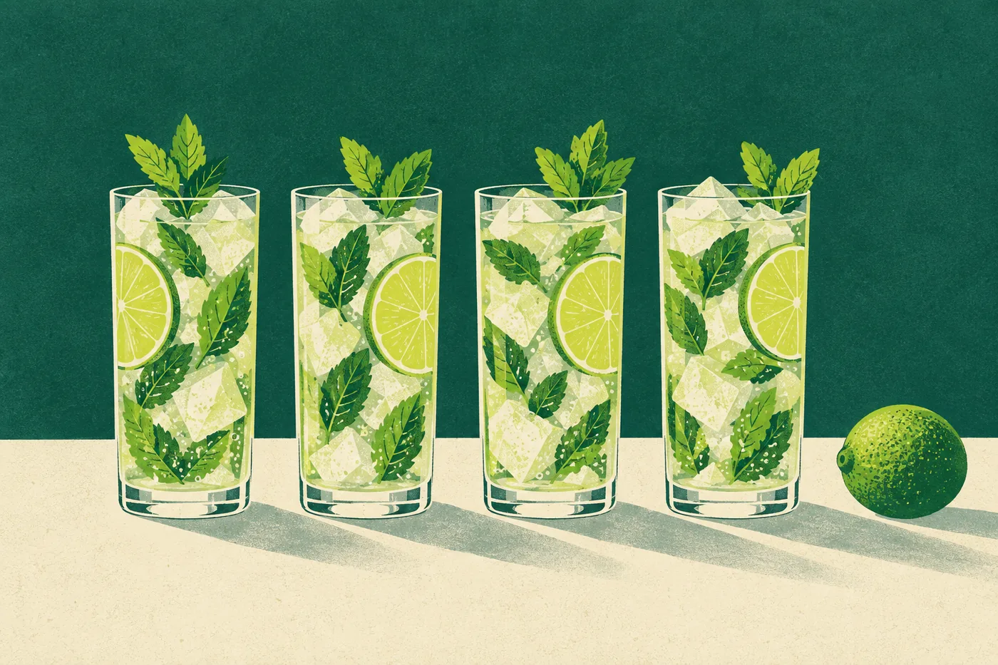 Vier fertige Virgin Mojito mit Minze und Limettenscheibe für die Runde Vier fertige Virgin Mojito mit Minze und Limettenscheibe für die Runde