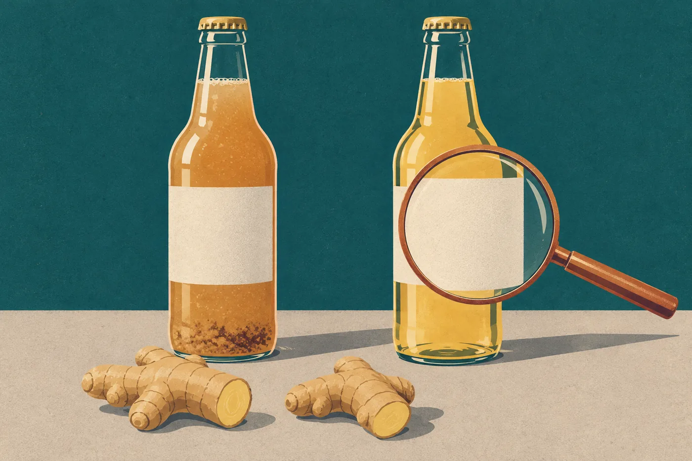 Ginger Beer für den alkoholfreien Moscow Mule: eine trüb gebraute und eine klare Flasche nebeneinander, mit Lupe über dem Etikett