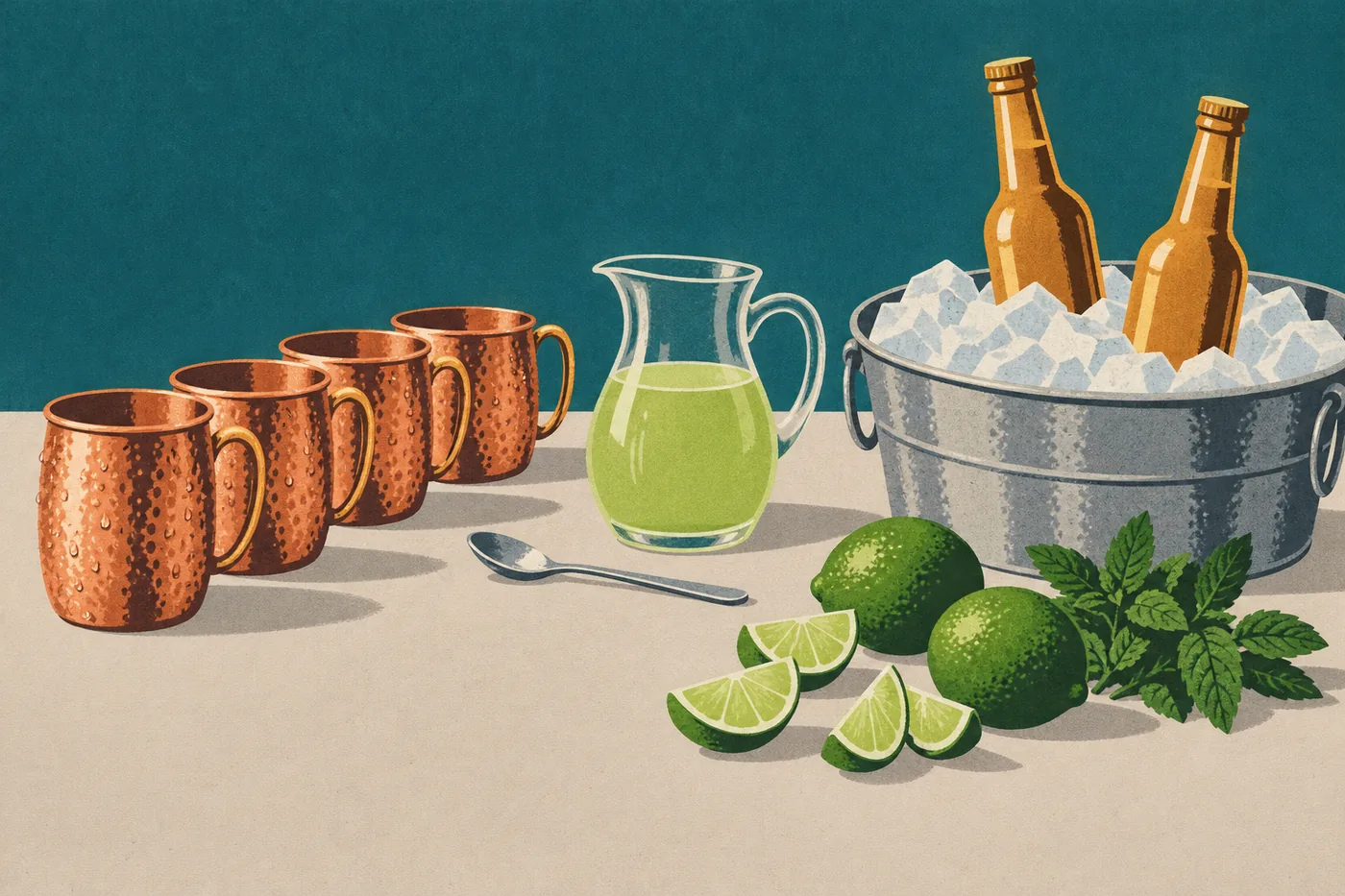 Vorbereitete Runde alkoholfreier Moscow Mule: gekühlte Becher, Kanne mit Limettensaft und Flaschen Ginger Beer im Eis