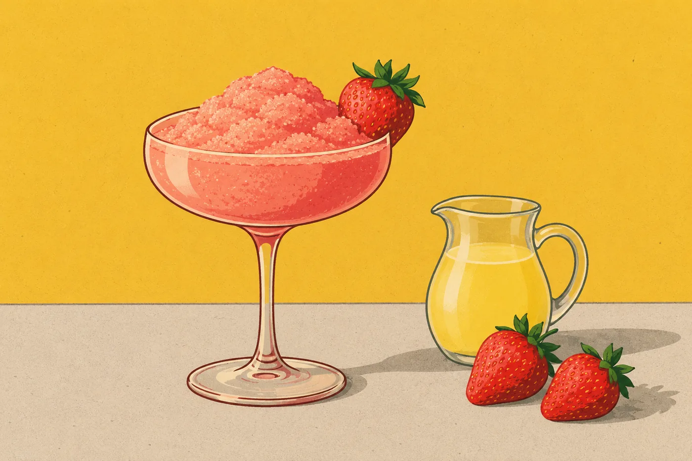 Virgin Strawberry Daiquiri in der Cocktailschale, rosa gefrorene Masse mit Erdbeere am Rand, daneben Ananassaft
