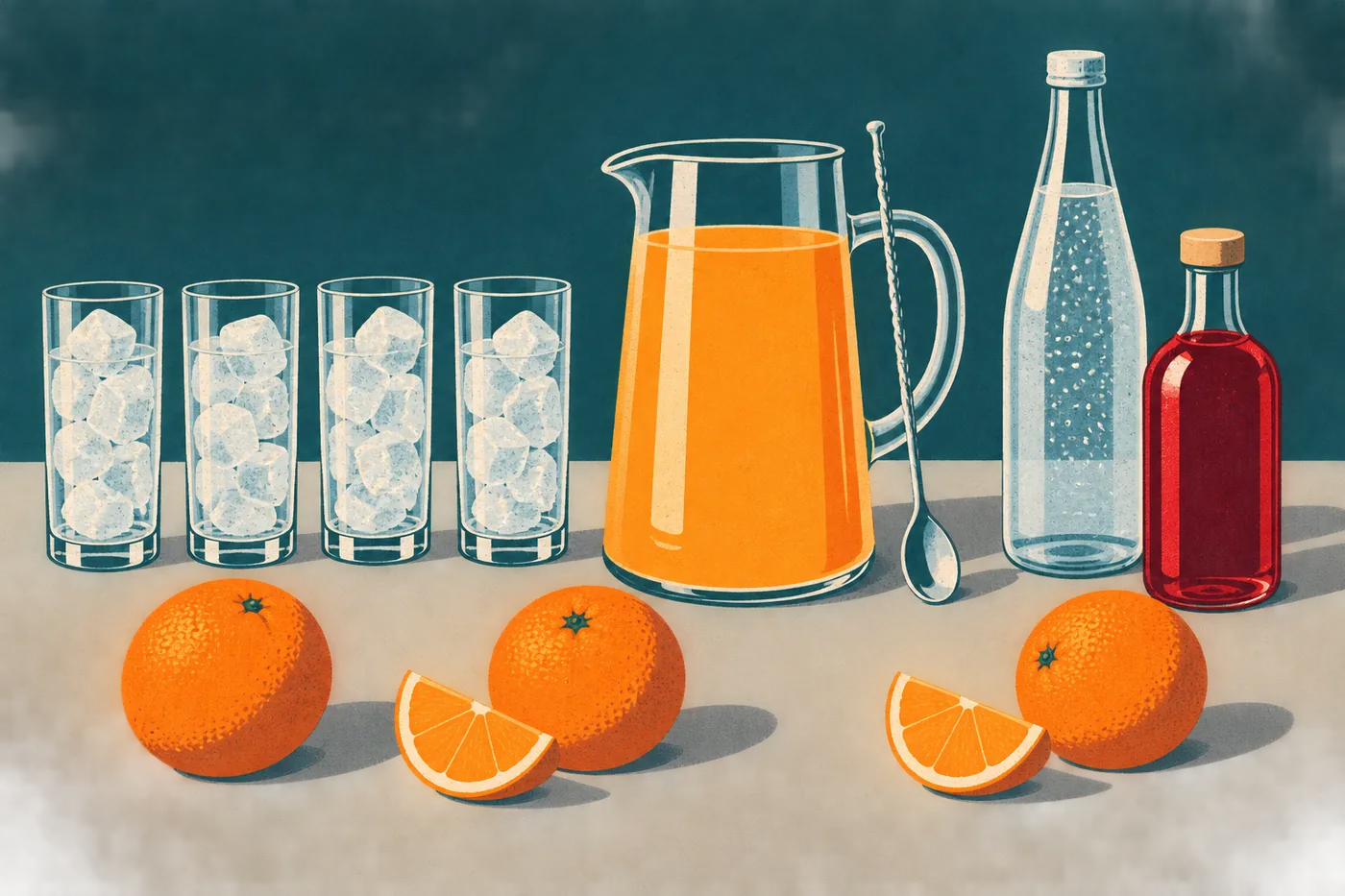Vorbereitete Runde Virgin Sunrise: Kanne mit Orangensaft, Sodaflasche, Grenadine und leere Gläser mit Eis