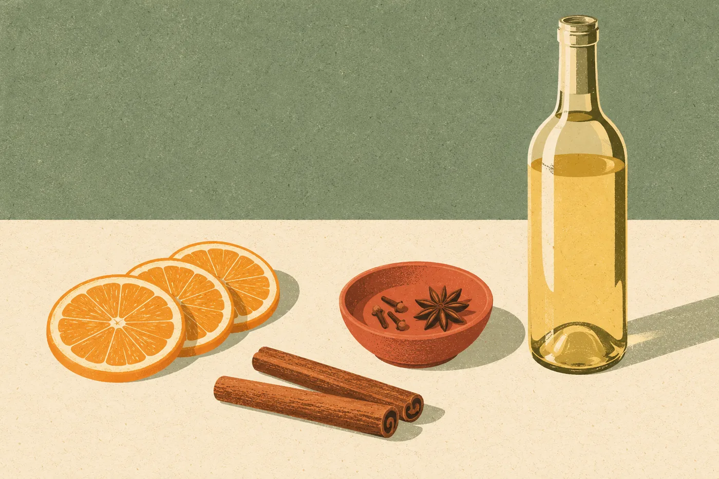 Zutaten für weißen Glühwein: eine Flasche Weißwein, Zimtstangen, Nelken und Sternanis in einer Schale, dazu Orangenscheiben Zutaten für weißen Glühwein: eine Flasche Weißwein, Zimtstangen, Nelken und Sternanis in einer Schale, dazu Orangenscheiben