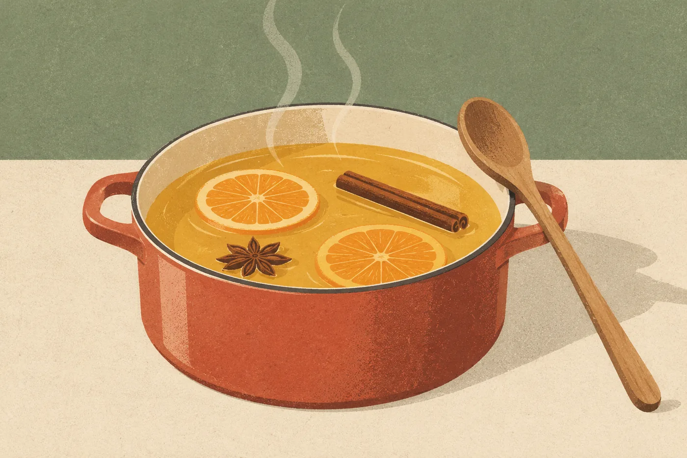Topf mit weißem Glühwein, Zimtstange, Sternanis und Orangenscheiben, der Wein dampft und kocht nicht Topf mit weißem Glühwein, Zimtstange, Sternanis und Orangenscheiben, der Wein dampft und kocht nicht