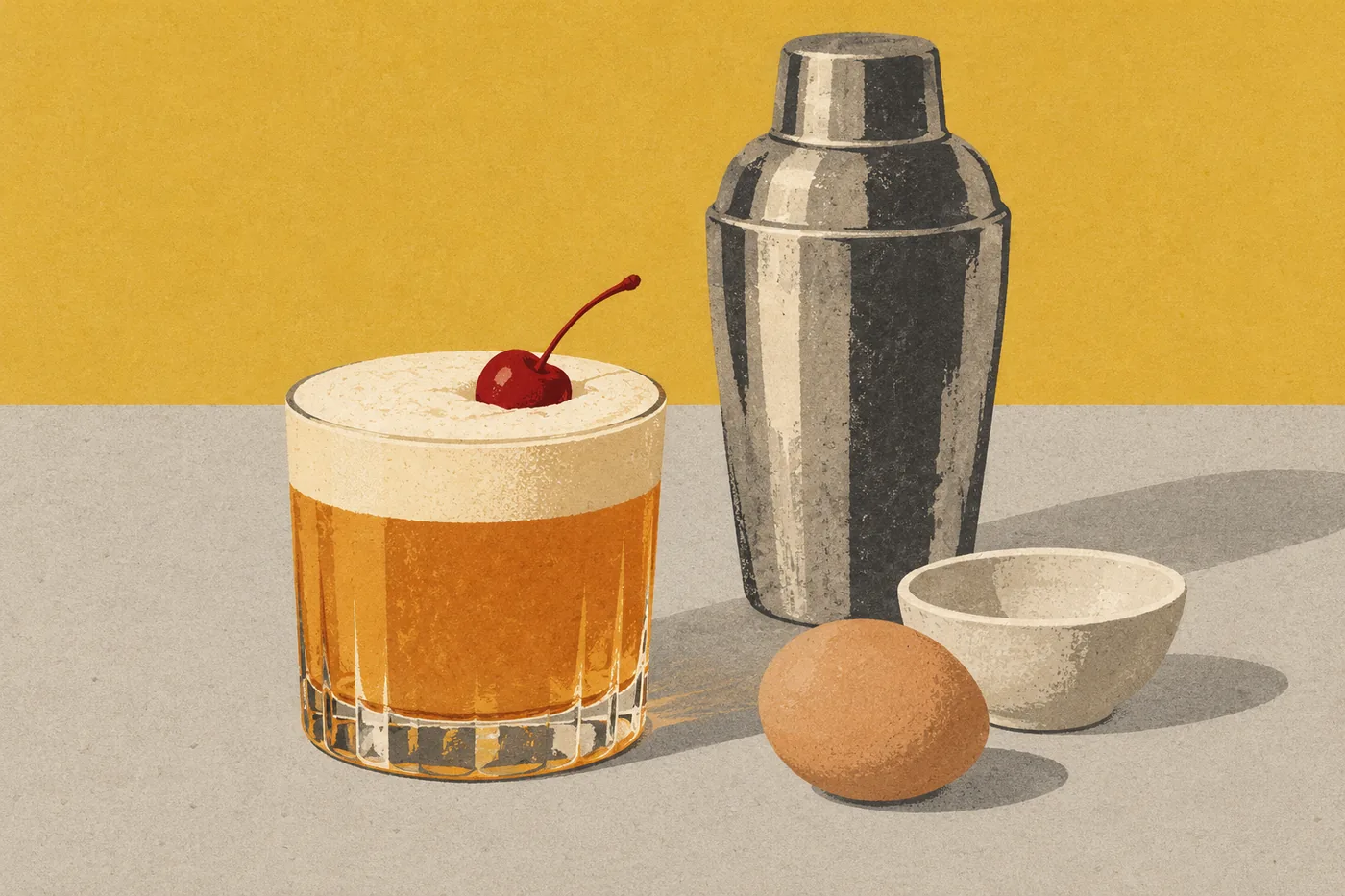 Whiskey Sour mit Schaumkrone und Cocktailkirsche, daneben ein Shaker, ein Ei und eine kleine Schüssel Whiskey Sour mit Schaumkrone und Cocktailkirsche, daneben ein Shaker, ein Ei und eine kleine Schüssel