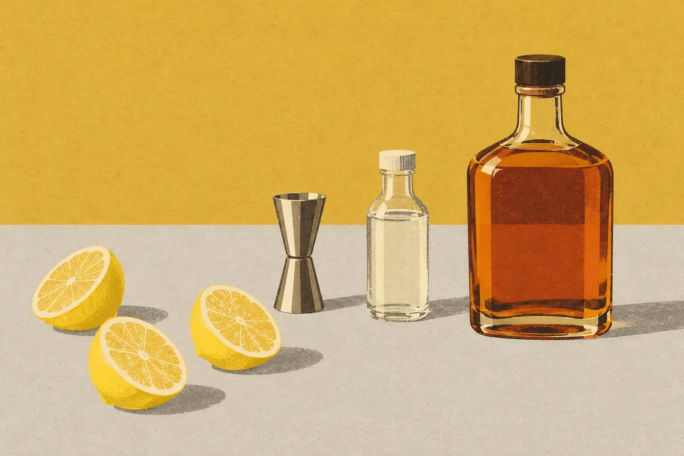 Zutaten für den Whiskey Sour: eine Flasche Bourbon, eine Flasche Zuckersirup, Zitronenhälften und ein Messbecher Zutaten für den Whiskey Sour: eine Flasche Bourbon, eine Flasche Zuckersirup, Zitronenhälften und ein Messbecher